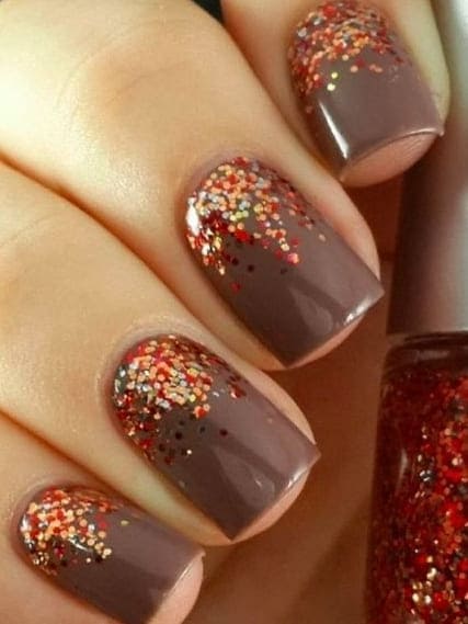 brown nails with chunky glitter